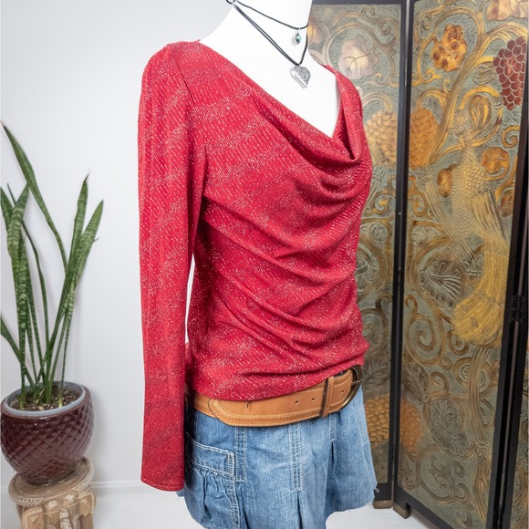Y2K Red Sparkle Cowl Neck Top - Metallic Knit Party Going Out Blouse Medium - Picture 2 of 8
